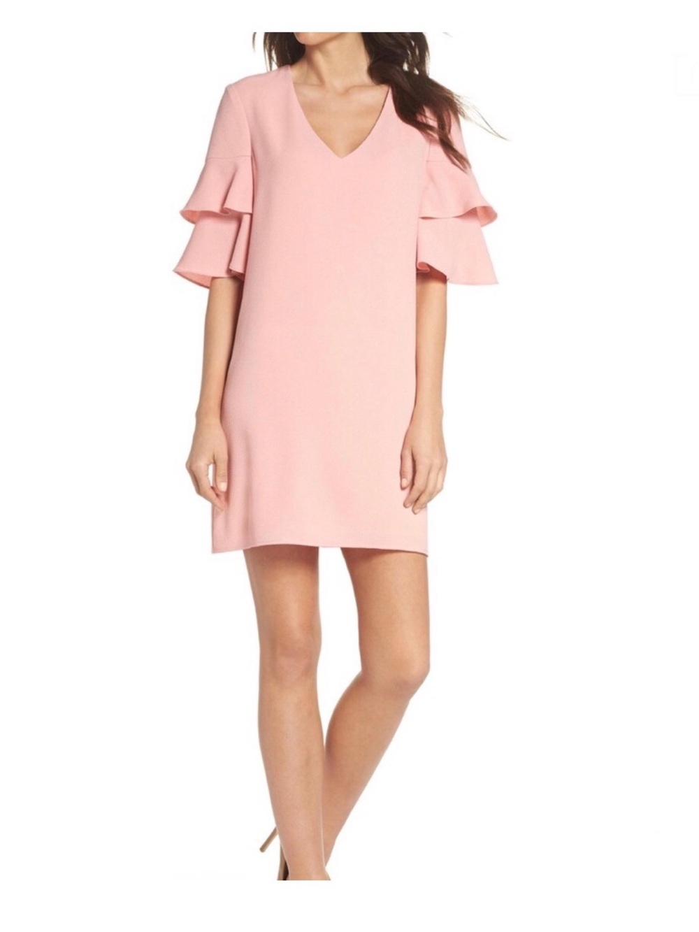 Charles Henry Pink Ruffle Bell Short Sleeve Shift‎ V-Neck Dress XS Wedding Guest